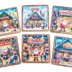 Set Of 6 Large 3 Inch Square Store Fronts Wood Signs Santa's Workshop!